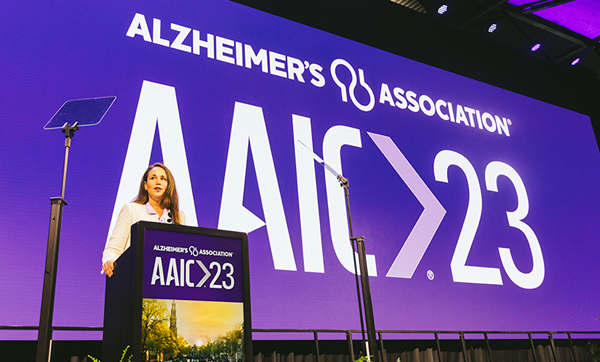 Joanne Pike, DrPH, president and CEO of the Alzheimer's Association, speaks at AAIC 2023 in Amsterdam.