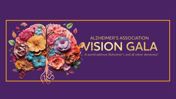 Alzheimer's Association Vision Gala: A world without Alzheimer's and all other dementia. An illustrated brain made of colorful flowers.