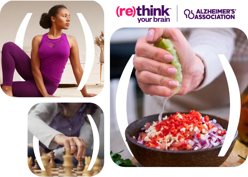 Collage of woman practicing yoga, woman playing chess, lime being squeezed into bowl