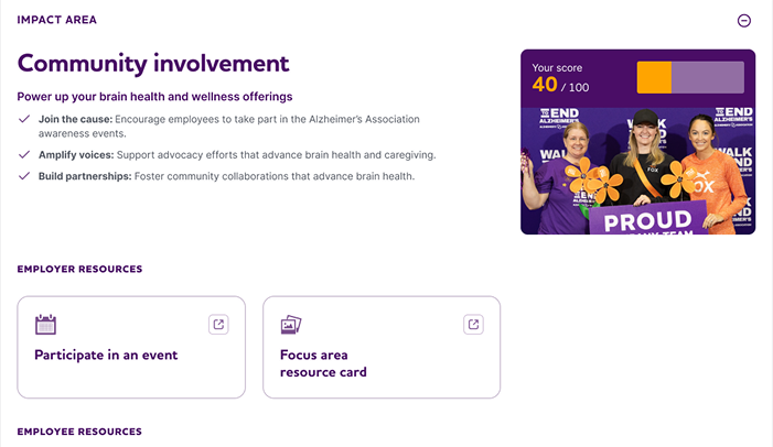 Example of a Brain Health At Work impact area. Each impact area displays recommendations for improvement and employer/employee resources.