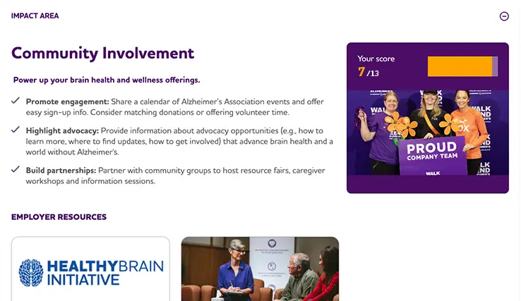 Example of a Brain Health At Work impact area. Each impact area displays recommendations for improvement and employer/employee resources.