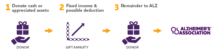 ⁠Infographic explaining how donating to the Alzheimer's Association through a charitable gift annuity (CGA) works. The process is organized into steps, which are laid out horizontally. See this page's text for a full description of charitable gift annuities.