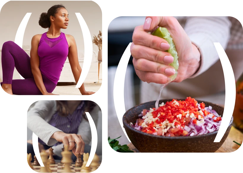 Collage of woman practicing yoga, woman playing chess, lime being squeezed into bowl