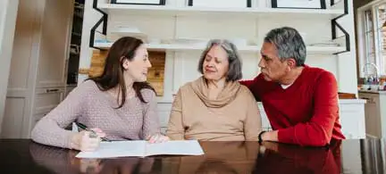 Two smiling family members sit on either side of an older woman. Documents sit on the table in front of them.