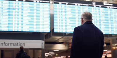 Man looking at arrivals and departures board