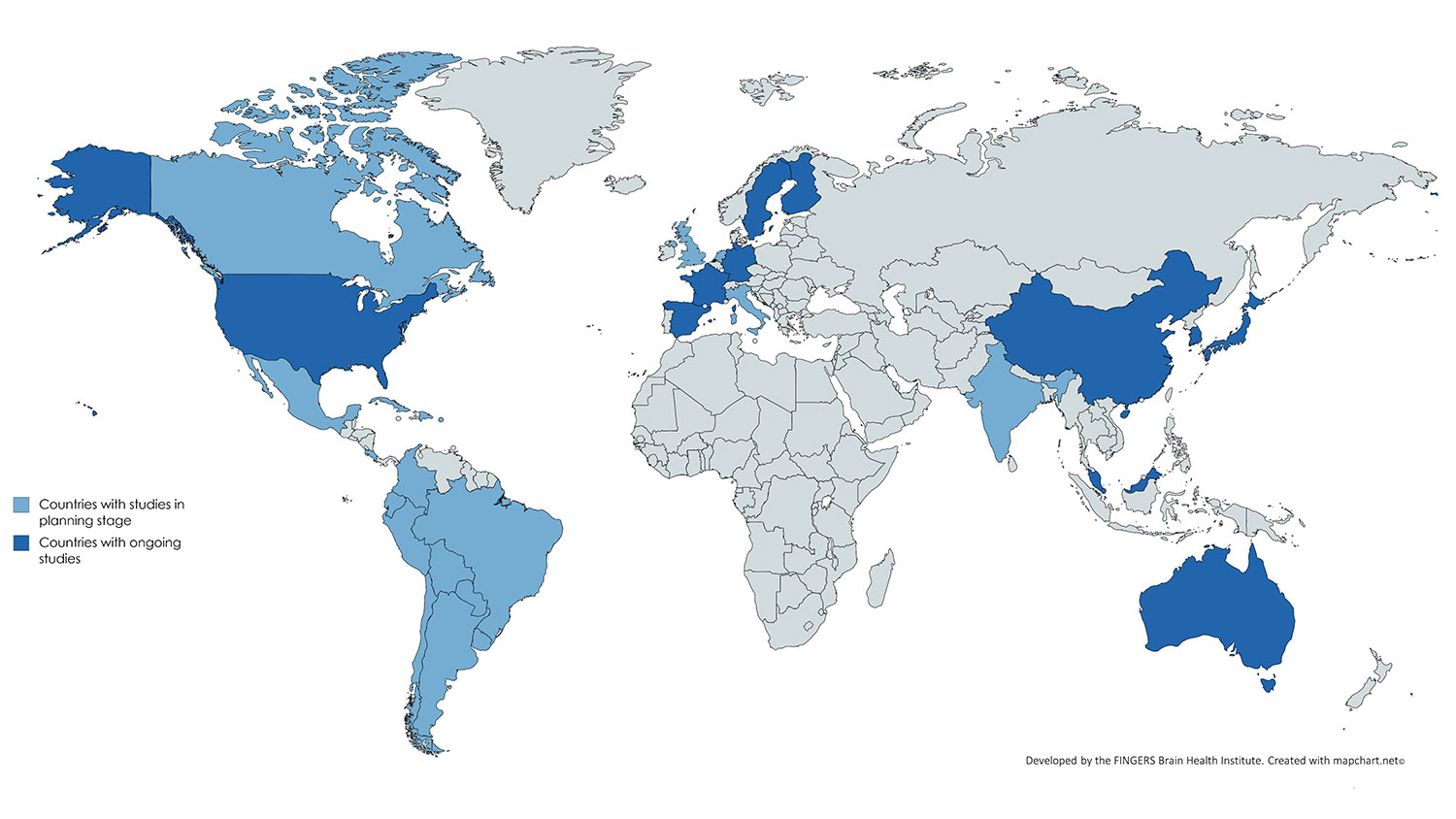 Map showing countries with WW-FINGERS studies in planning stage or ongoing.